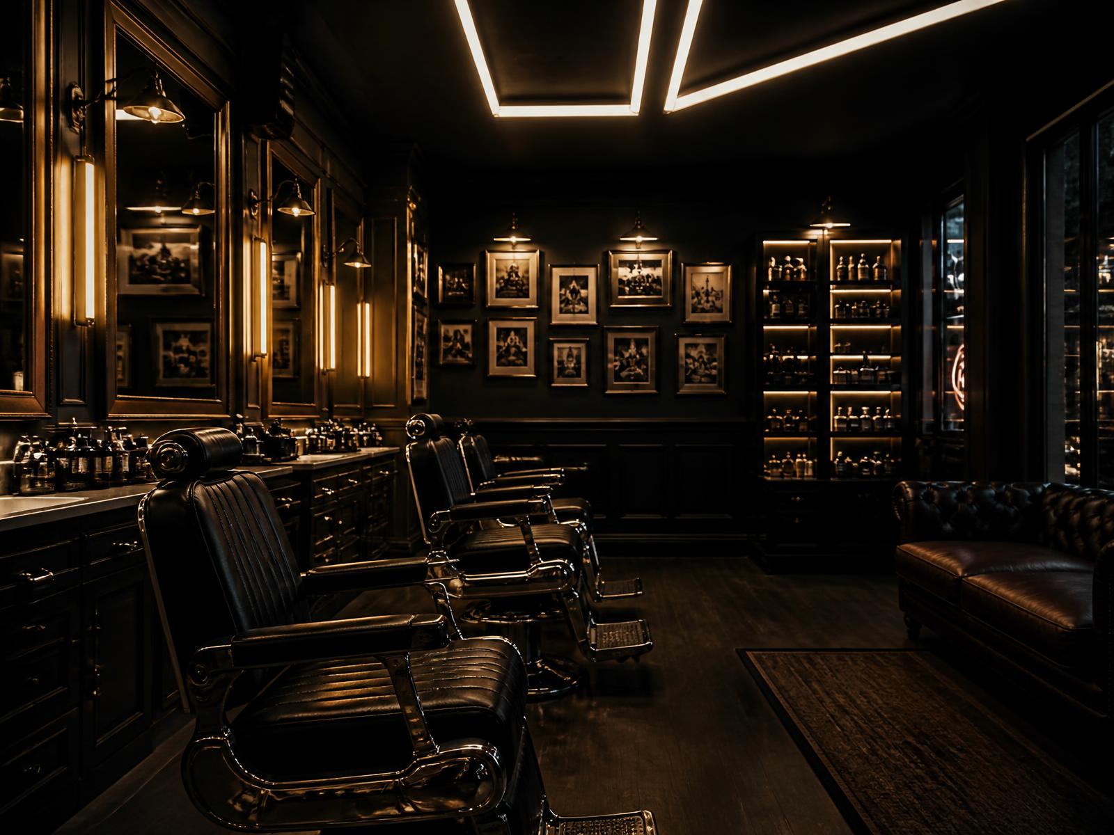 Dark, warmly lit traditional barbershop interior with leather chairs